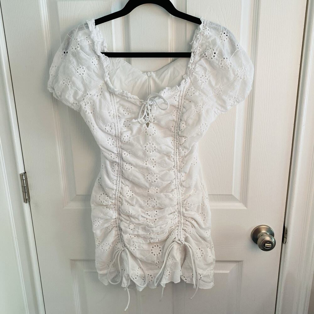 Milkmaid Dress Cotton Eyelet Puff Sleeve Lace Up Mini Size Medium Babydoll Goth